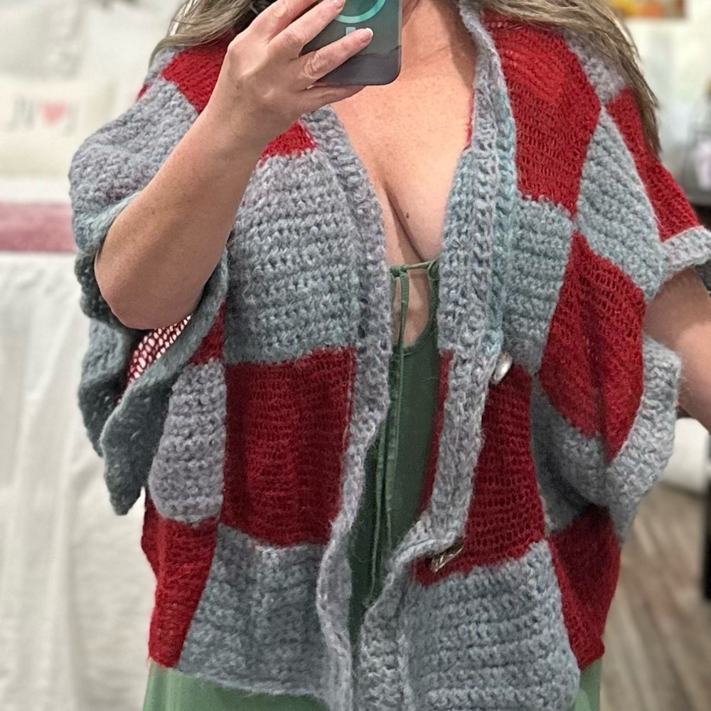 Handmade Red and Gray Chunky Knit Cardigan